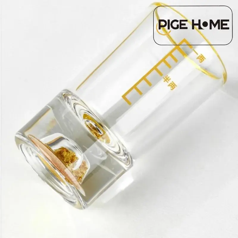 PIGE HOME 50/100ML Crystal Glass Wine Cup with Scale Gold Foil Clear Whiskey Cup Thickened Cup Bottom Round Mouth Home Drinkware
