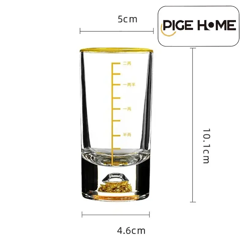 PIGE HOME 50/100ML Crystal Glass Wine Cup with Scale Gold Foil Clear Whiskey Cup Thickened Cup Bottom Round Mouth Home Drinkware