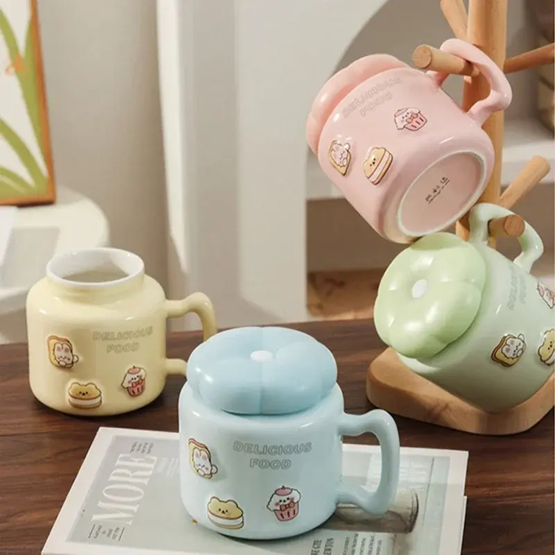 Cartoon Ceramic Mug Large Capacity Breakfast Coffee Cup with Lid Office Teacup Couple Cups Home Office Dormitory Water Mugs Gift