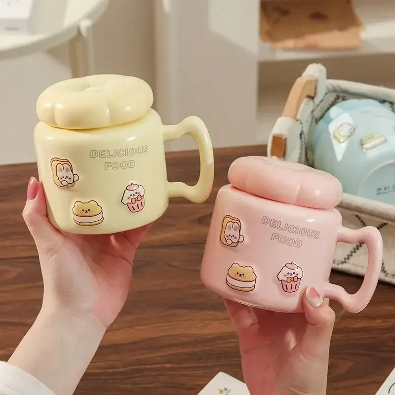 Cartoon Ceramic Mug Large Capacity Breakfast Coffee Cup with Lid Office Teacup Couple Cups Home Office Dormitory Water Mugs Gift