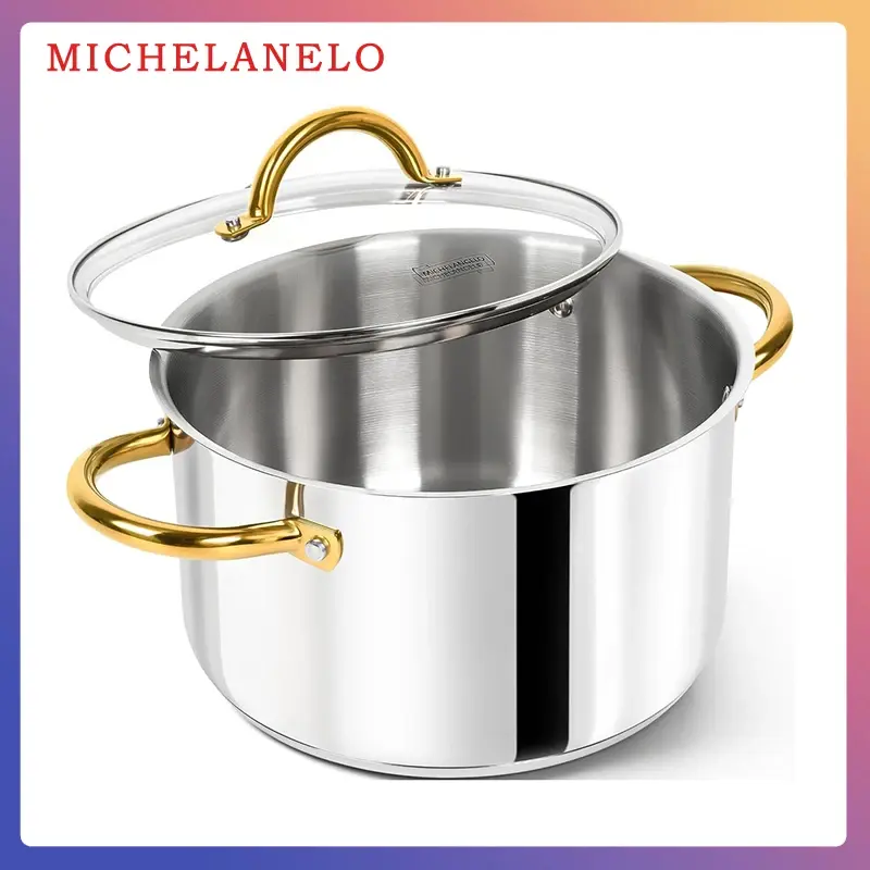 MICHELANGELO 6/8/10QT Stainless Steel Stock Pot with Lid Cooking Pot with Riveted Handle Induction Compatible Soup Pot Oven Safe