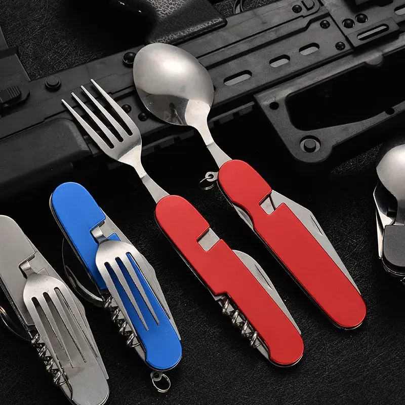 4 in 1 Folding Tableware Detachable Camping Utensils Stainless Steel Knife Fork Spoon Opener Portable Outdoor Travel Cutlery