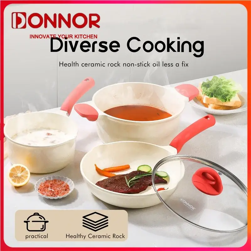 DONNOR Non Stick Pan Set Ceramic Frying Pan 2/4/13pcs Uncoated Lectromagnetic Stove Universal Soup Pot Removable Kitchen Tools