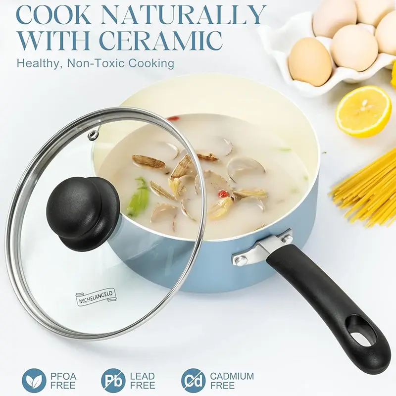 MICHELANGELO Non-stick Stew Pot with Lid Ceramic Coated Sauce Pot with Anti-scalding Handle Aluminum Multi-function Cooking Pot