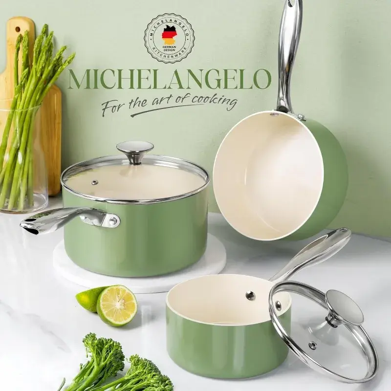 MICHELANGELO Non Stick Stew Pot with Lid Stainless Steel Handle Ceramic Coating Milk Pot for Cooking Scratch-Resistant Oven Safe