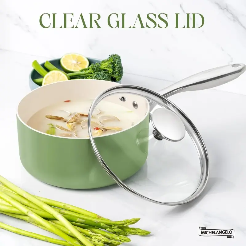 MICHELANGELO Non Stick Stew Pot with Lid Stainless Steel Handle Ceramic Coating Milk Pot for Cooking Scratch-Resistant Oven Safe