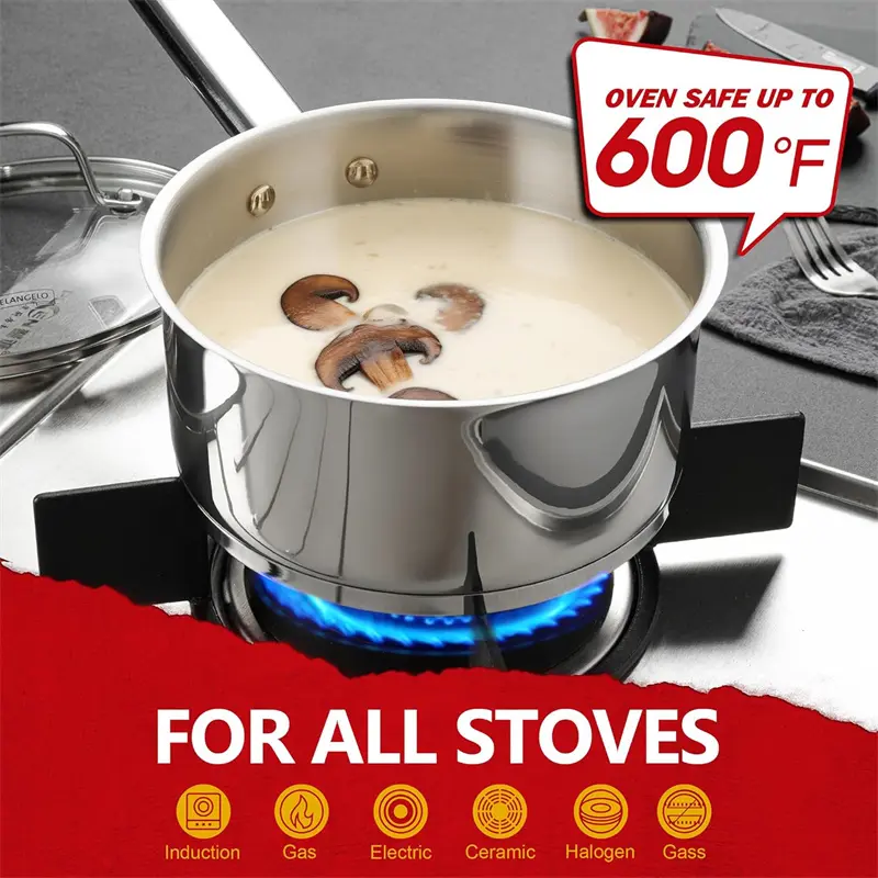 MICHELANGELO 1/2/3 Quart Stew Pot Set Stainless Steel Soup Pot with Lid 3-layer Composite Base Sauce Pot Induction Compatible