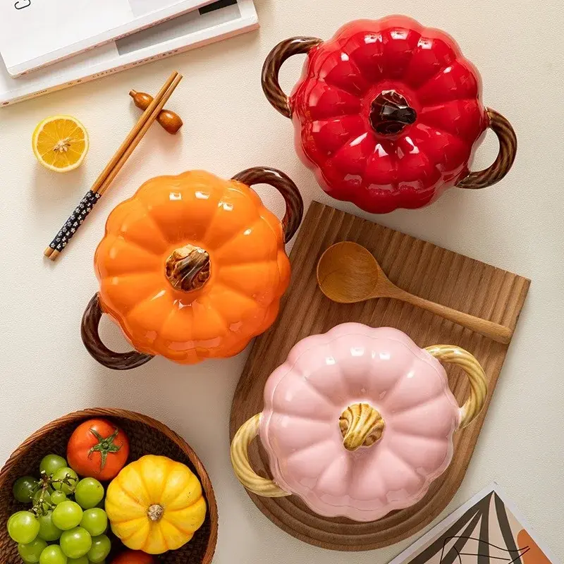 Ceramic Soup Pot with Lid Creative Pumpkin Binaural Soup Bowl Noodle Bowl for Household Large Soup Bowl Flour  Special