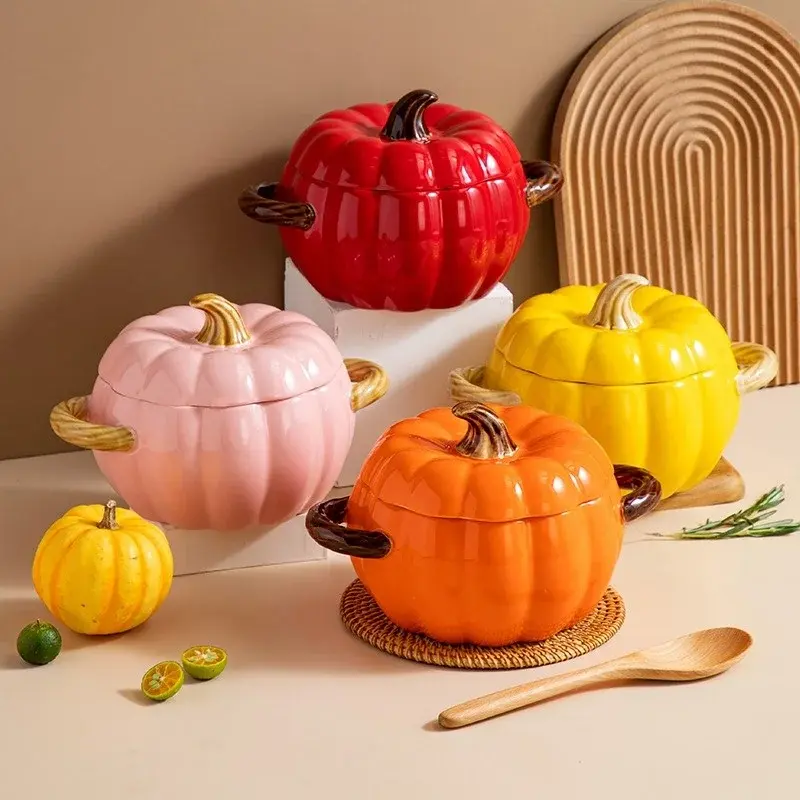 Ceramic Soup Pot with Lid Creative Pumpkin Binaural Soup Bowl Noodle Bowl for Household Large Soup Bowl Flour  Special