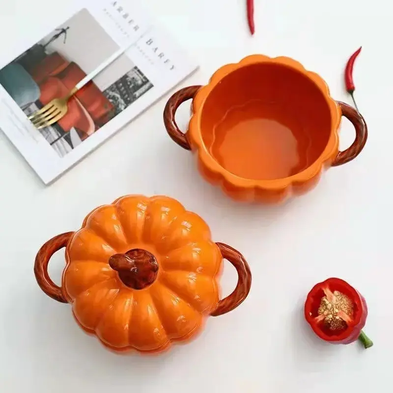 Ceramic Soup Pot with Lid Creative Pumpkin Binaural Soup Bowl Noodle Bowl for Household Large Soup Bowl Flour  Special