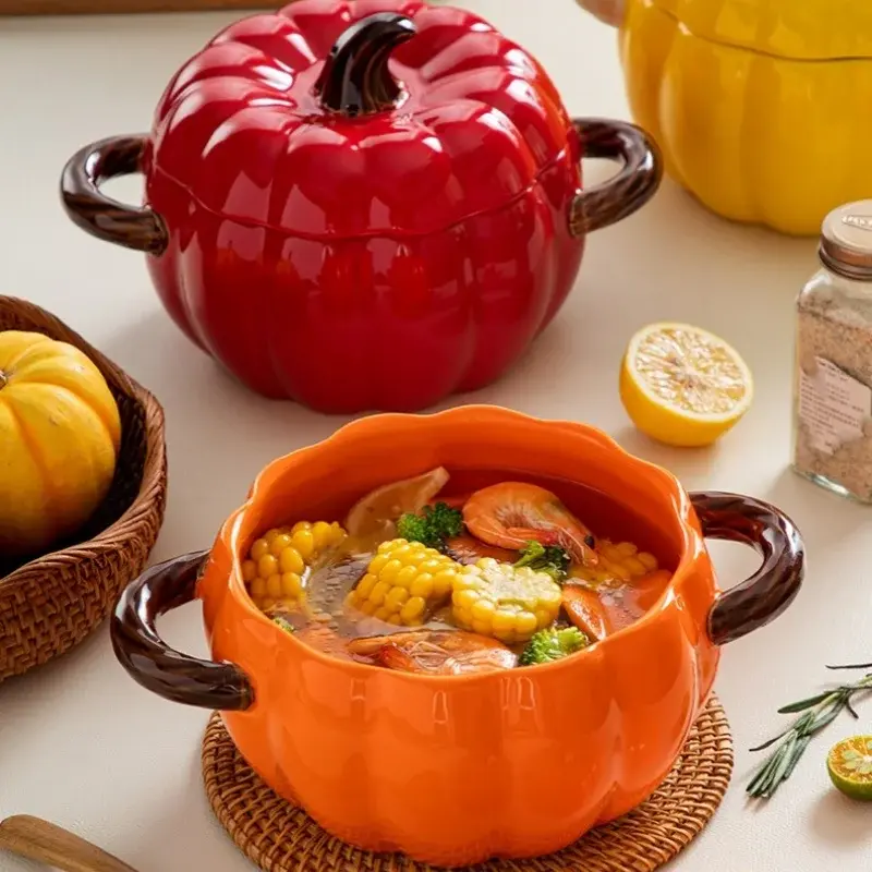 Ceramic Soup Pot with Lid Creative Pumpkin Binaural Soup Bowl Noodle Bowl for Household Large Soup Bowl Flour  Special