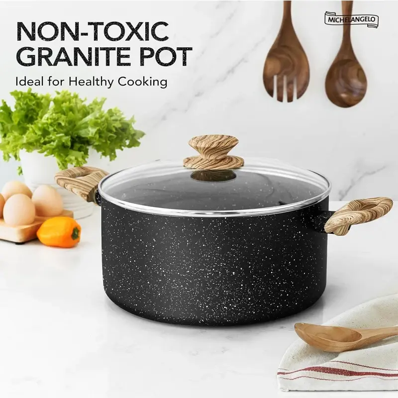 5 Quarts Non-stick Soup Pot with Lid Kitchen Cooking Pot Aluminum Non-stick Soup Pot with Wood Grain Handle Kitchen Supplies