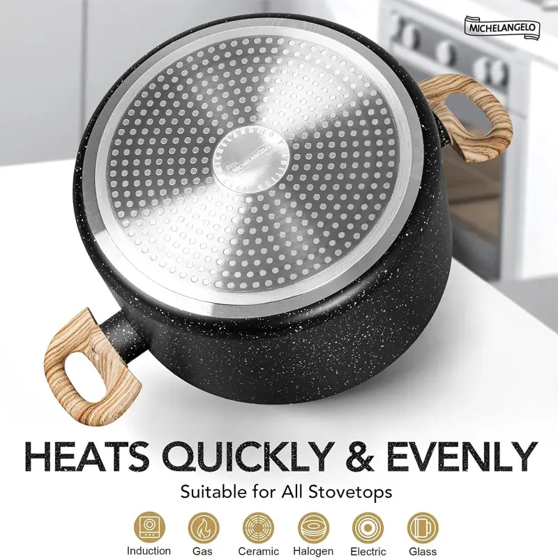 5 Quarts Non-stick Soup Pot with Lid Kitchen Cooking Pot Aluminum Non-stick Soup Pot with Wood Grain Handle Kitchen Supplies