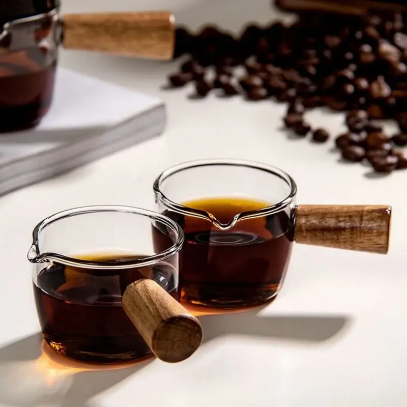 50/100ml Wooden Handle Glass Measuring Cup Espresso Cup Single Spout Milk Cup Coffee Supplies Transparent Kitchen Measuring