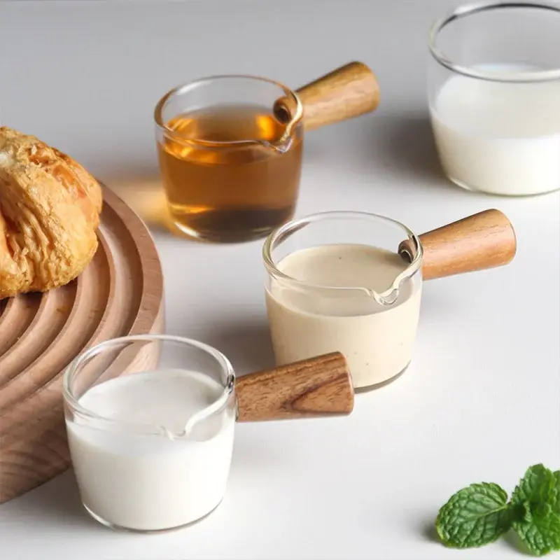 50/100ml Wooden Handle Glass Measuring Cup Espresso Cup Single Spout Milk Cup Coffee Supplies Transparent Kitchen Measuring