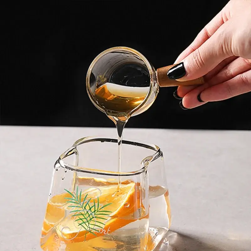 50/100ml Wooden Handle Glass Measuring Cup Espresso Cup Single Spout Milk Cup Coffee Supplies Transparent Kitchen Measuring
