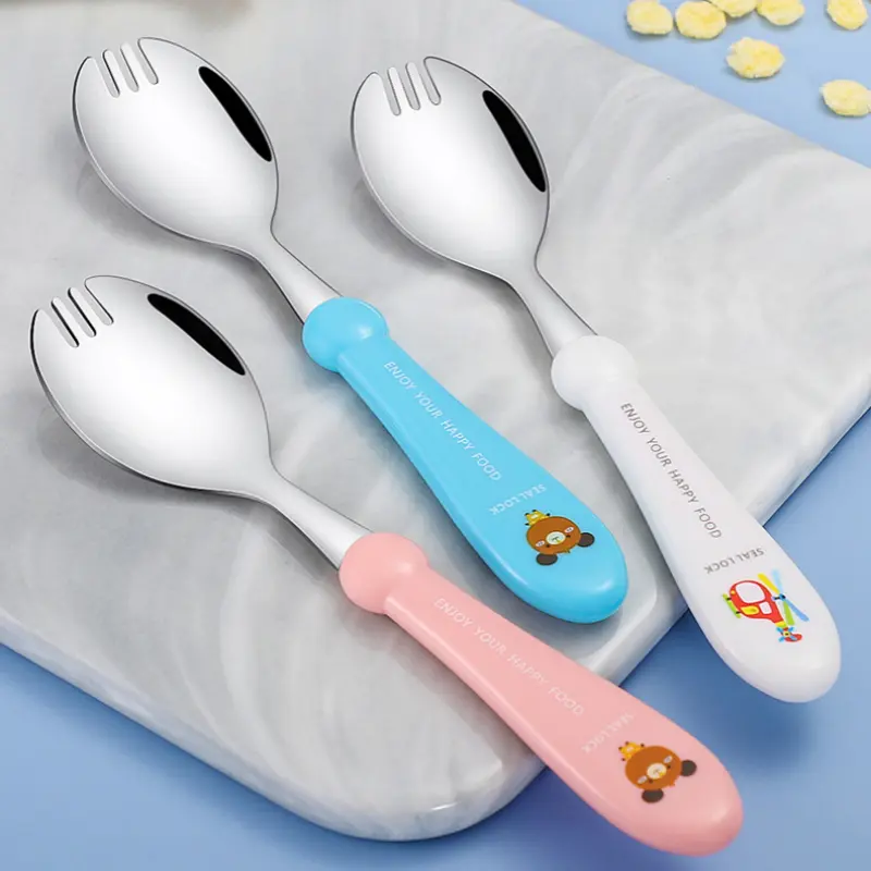 1/2Pcs Spoon and Fork Integrated Cutlery Stainless Steel Rounded Edge Fruit Vegetable Forks Meal Spoons Children's Tableware