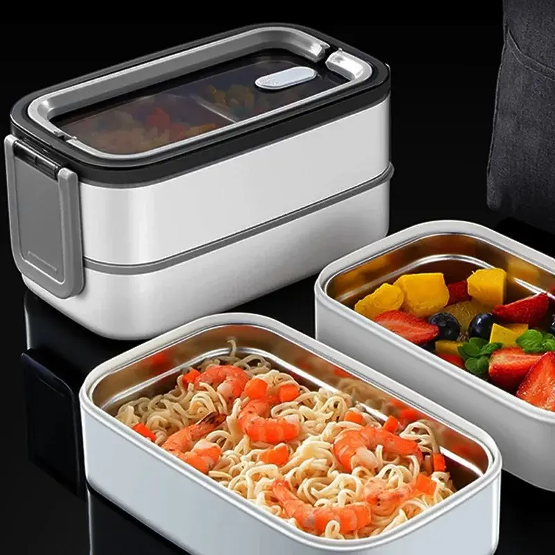 Stainless Steel Lunch Box 2 Layers Insulated Bento Box with Thermal Bag Microwavable Portable Food Container for Office School