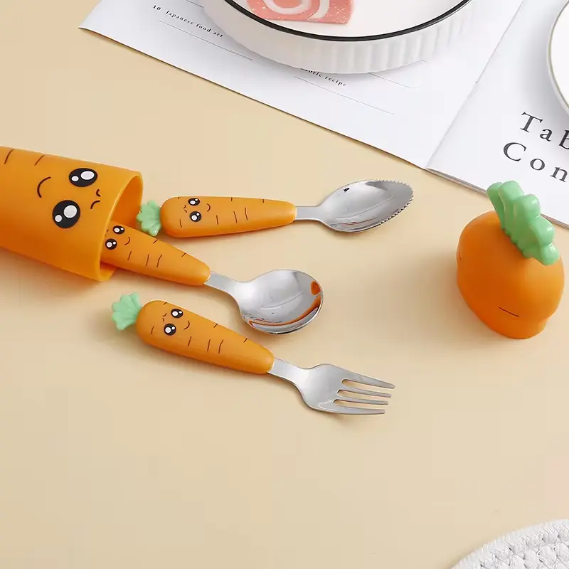 Stainless Steel Carrots Tableware Set Cartoon Spoon Fork Flatware with Box Kid Dinnerware Baby Feeding Utensils Kitchen Tools