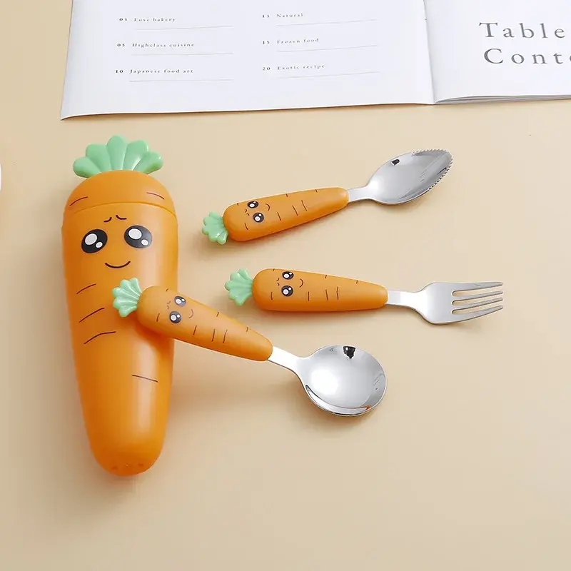 Stainless Steel Carrots Tableware Set Cartoon Spoon Fork Flatware with Box Kid Dinnerware Baby Feeding Utensils Kitchen Tools