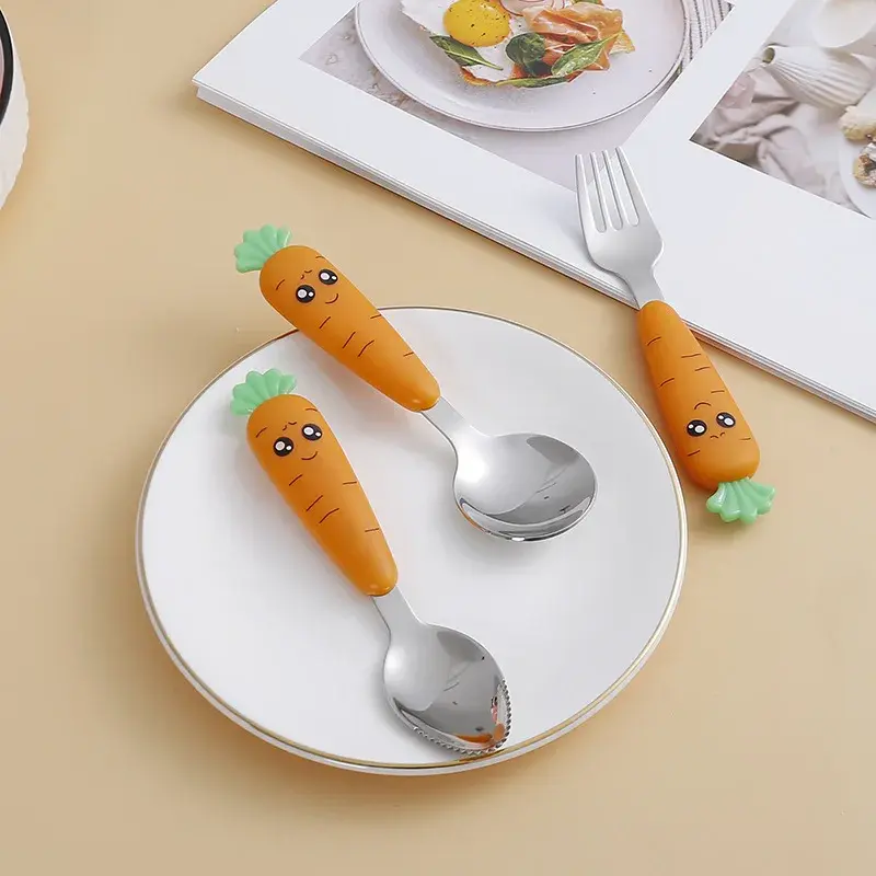 Stainless Steel Carrots Tableware Set Cartoon Spoon Fork Flatware with Box Kid Dinnerware Baby Feeding Utensils Kitchen Tools