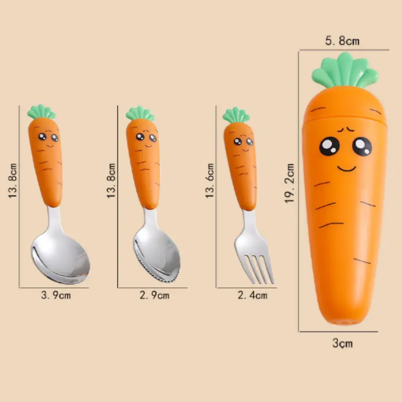 Stainless Steel Carrots Tableware Set Cartoon Spoon Fork Flatware with Box Kid Dinnerware Baby Feeding Utensils Kitchen Tools