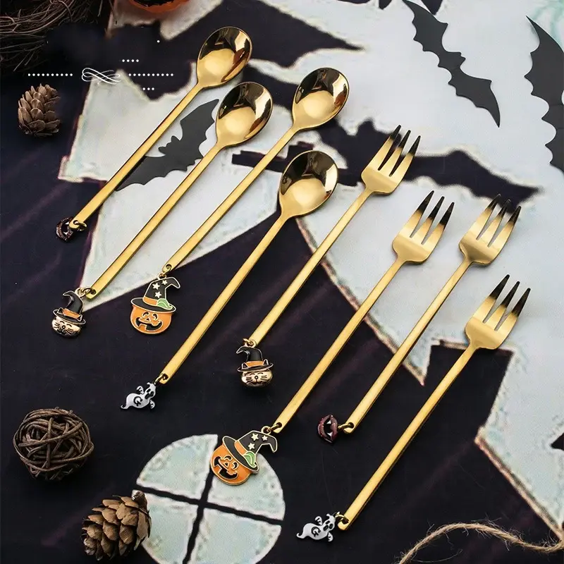2/4Pcs Halloween Coffee Spoons Forks Gold Stainless Steel Tea Spoon Pumpkin Ghost Animal Teeth Pendant Tableware Ornament Gifts