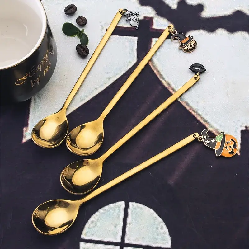 2/4Pcs Halloween Coffee Spoons Forks Gold Stainless Steel Tea Spoon Pumpkin Ghost Animal Teeth Pendant Tableware Ornament Gifts