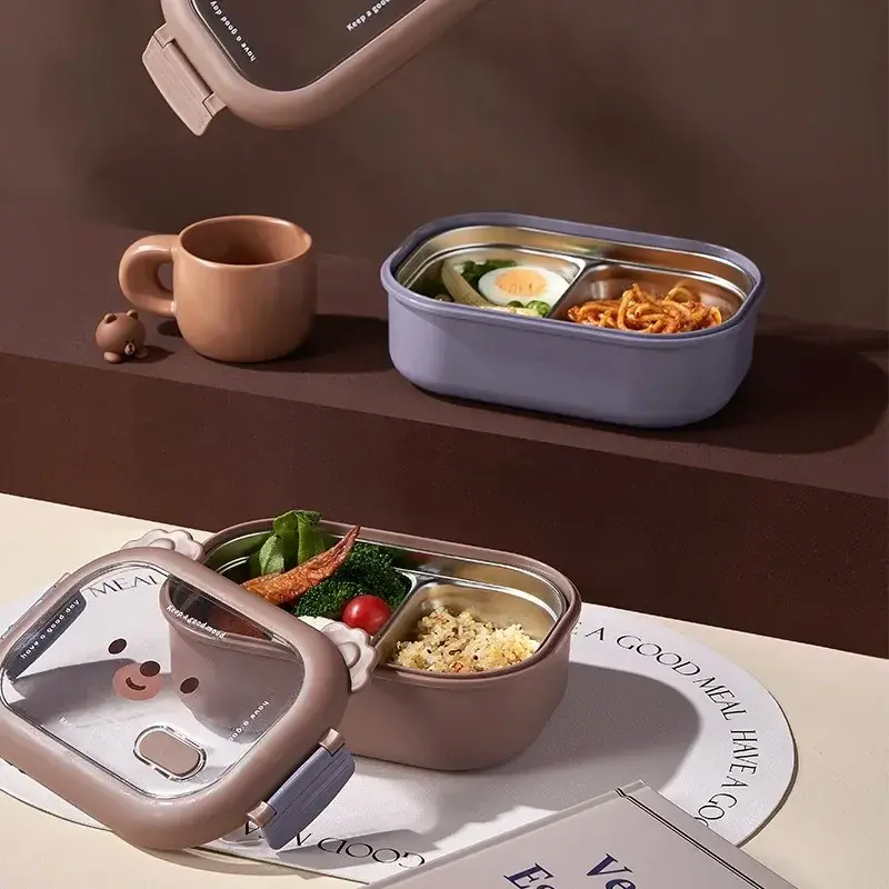 Cartoon Bear Lunch Box Kids School Bento Box Stainless Steel Portable Sealed Food Storage Container for Student Office Worker