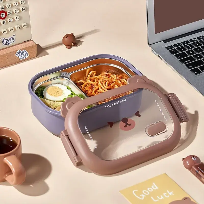 Cartoon Bear Lunch Box Kids School Bento Box Stainless Steel Portable Sealed Food Storage Container for Student Office Worker