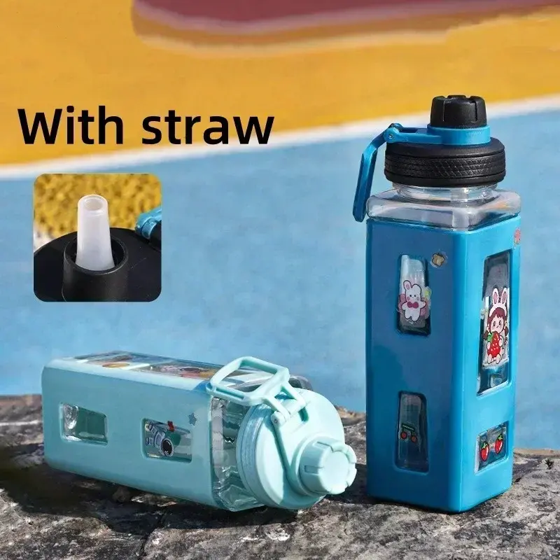 600ML Water Bottle Cute Square Plastic Sports Water Cups with Straw Leak Proof Large Capacity Home Travel Outdoor Drinkware Tool