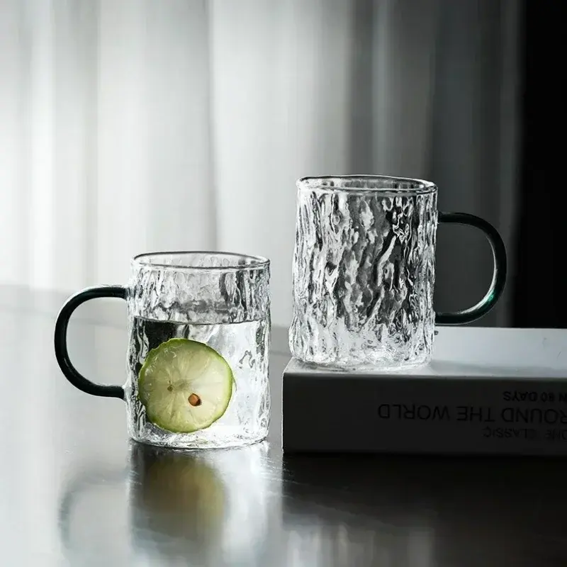Glacial Pattern Glass Cup Heat Resistant Coffee Cup with Handle Transparent Breakfast Milk Mug Household Drinking Tools Gifts
