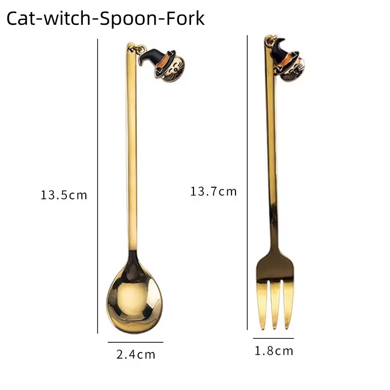 2/4Pcs Halloween Coffee Spoons Forks Gold Stainless Steel Tea Spoon Pumpkin Ghost Animal Teeth Pendant Tableware Ornament Gifts