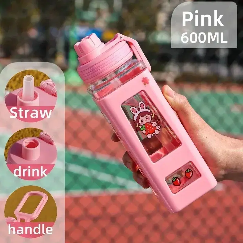 600ML Water Bottle Cute Square Plastic Sports Water Cups with Straw Leak Proof Large Capacity Home Travel Outdoor Drinkware Tool