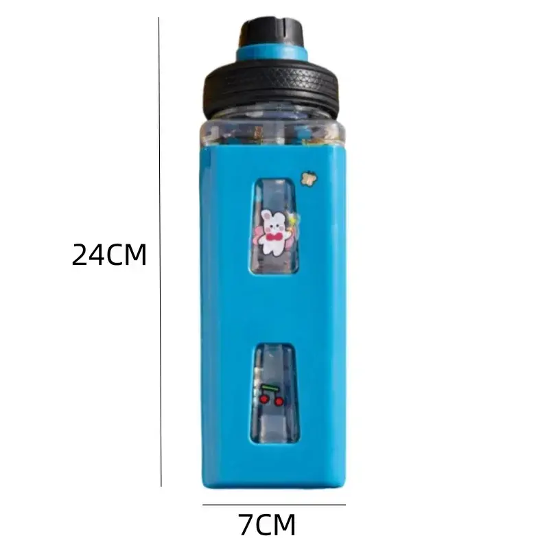 600ML Water Bottle Cute Square Plastic Sports Water Cups with Straw Leak Proof Large Capacity Home Travel Outdoor Drinkware Tool