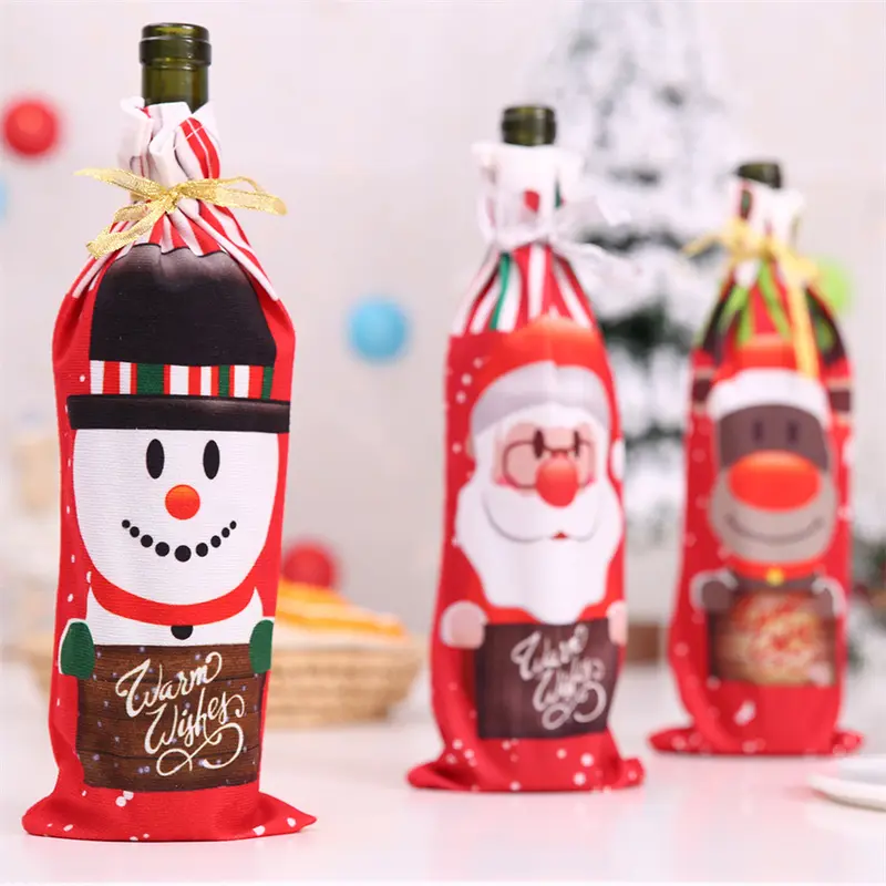 Christmas Wine Bottle Covers Santa Claus Snowman Elk Champagne Bottle Cover Xmas Table Festival Decoration Cartoon Printing