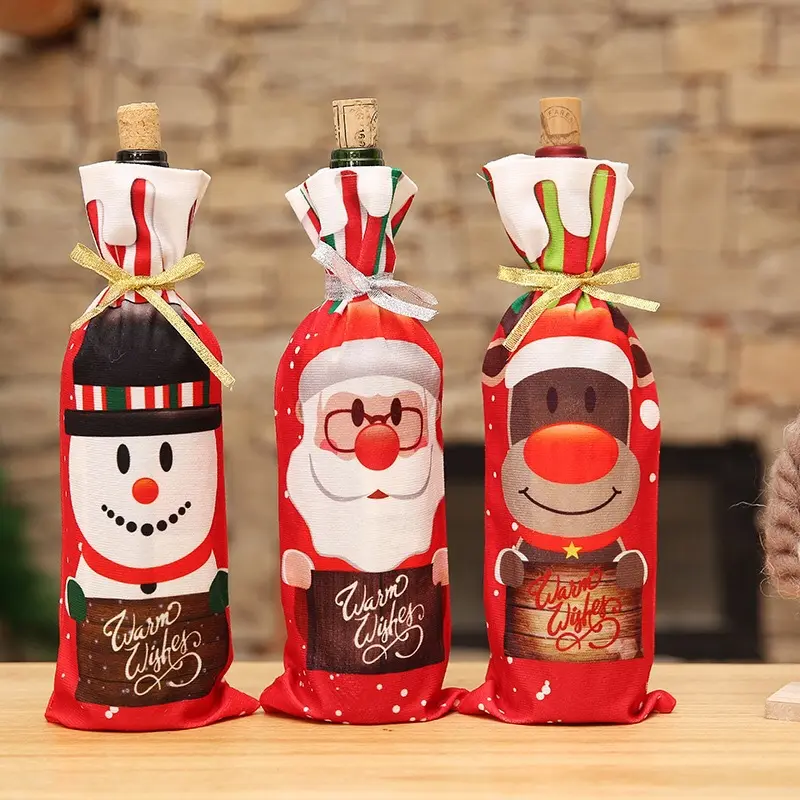 Christmas Wine Bottle Covers Santa Claus Snowman Elk Champagne Bottle Cover Xmas Table Festival Decoration Cartoon Printing