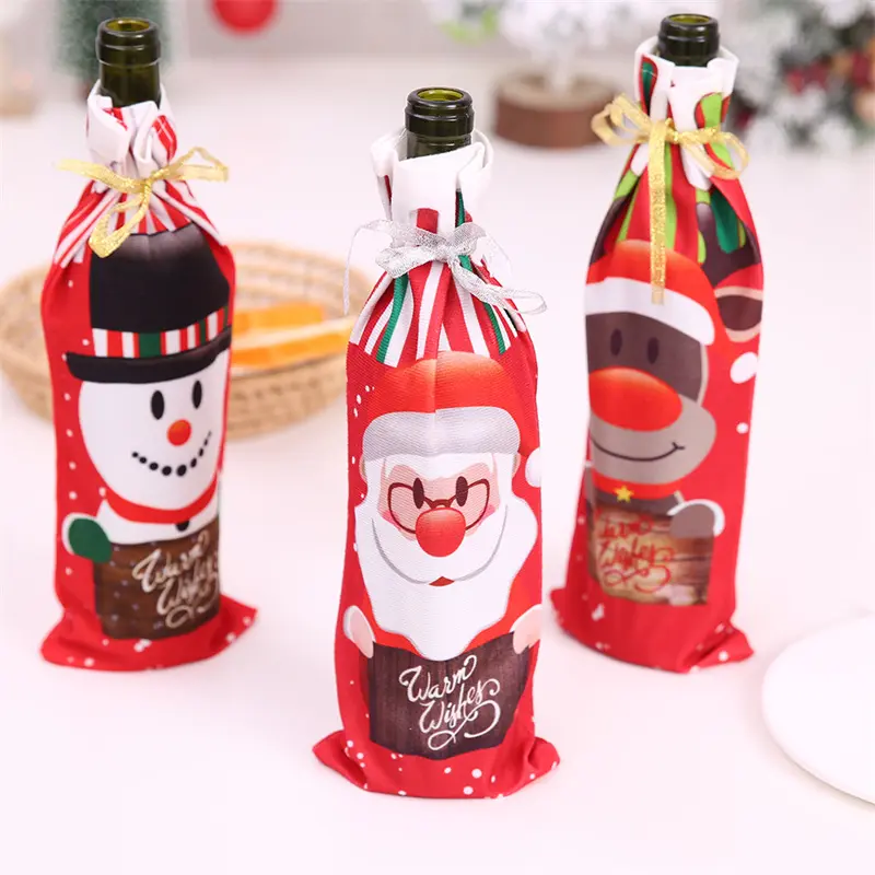 Christmas Wine Bottle Covers Santa Claus Snowman Elk Champagne Bottle Cover Xmas Table Festival Decoration Cartoon Printing
