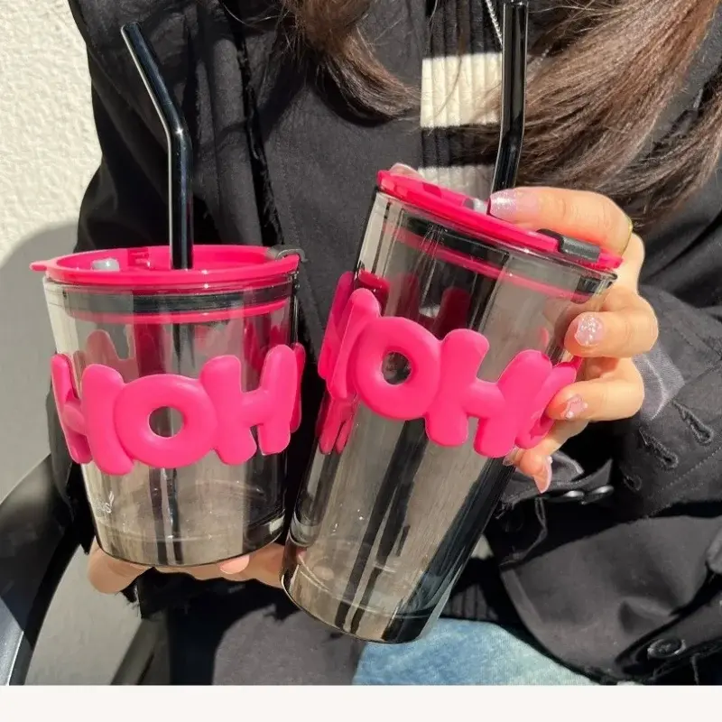 350/450ml Lead Free Glass Mug with Cup Sleeve and Lid Straw Coffee Mugs Juice Glass Cute Coffee Mugs Milk Cups Tea Mug Drinkware