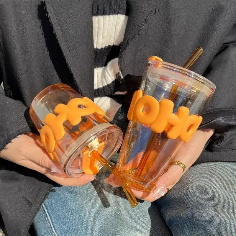 350/450ml Lead Free Glass Mug with Cup Sleeve and Lid Straw Coffee Mugs Juice Glass Cute Coffee Mugs Milk Cups Tea Mug Drinkware