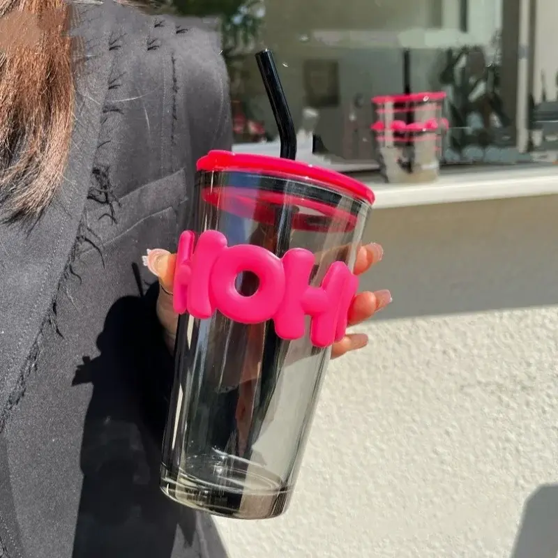 350/450ml Lead Free Glass Mug with Cup Sleeve and Lid Straw Coffee Mugs Juice Glass Cute Coffee Mugs Milk Cups Tea Mug Drinkware