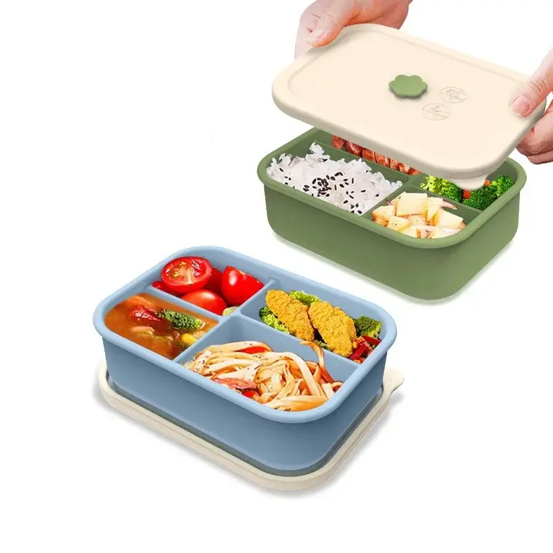 Silicone Lunch Box Four Compartment Leakproof Bento Box Microwavable Anti-fall Crisper Portable Office Picnic Food Container