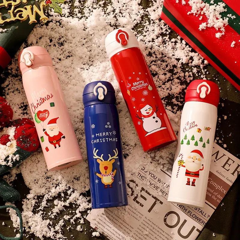 Christmas Thermos Cup Stainless Steel Vacuum Water Bottle with Lid Elk Santa Snowman Pattern Thermos Cup Xmas New Year Gifts