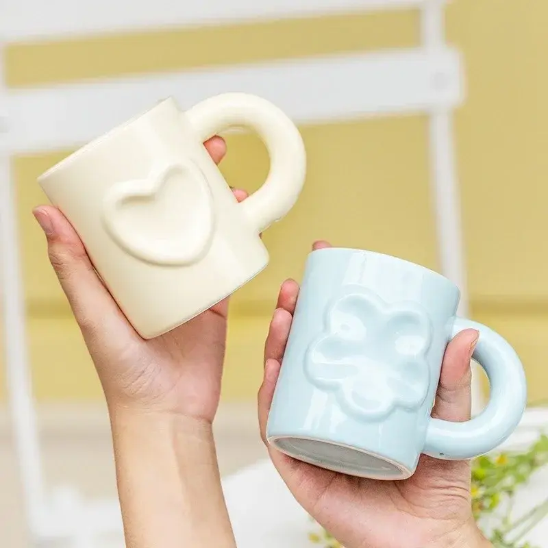Relief Ceramic Mug Breakfast Milk Mugs Coffee Cups Household Water Cup with Handle Heat-resistant Drinking Utensil Creative Gift