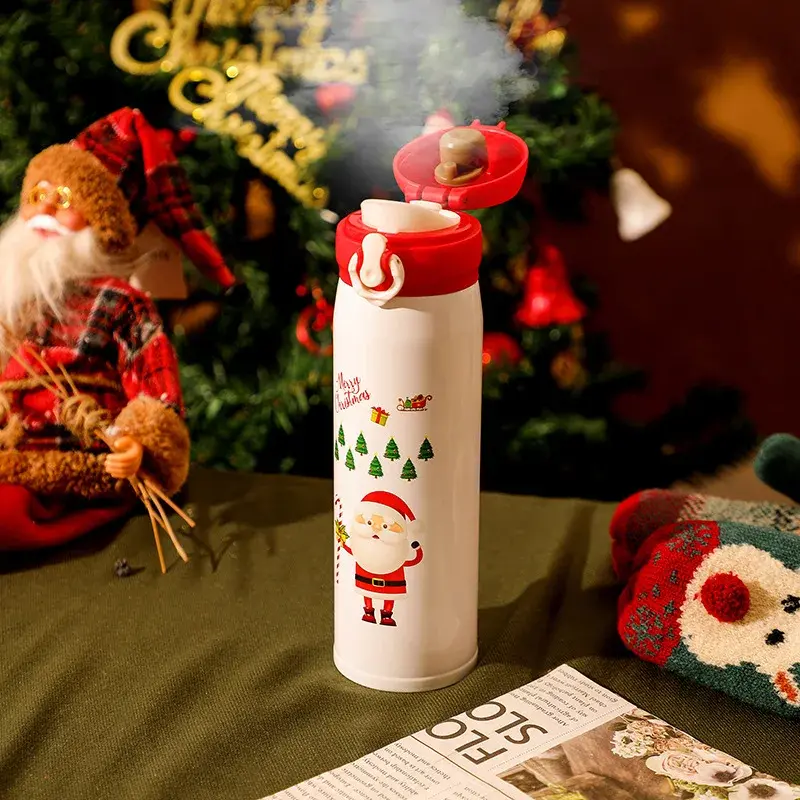 Christmas Thermos Cup Stainless Steel Vacuum Water Bottle with Lid Elk Santa Snowman Pattern Thermos Cup Xmas New Year Gifts