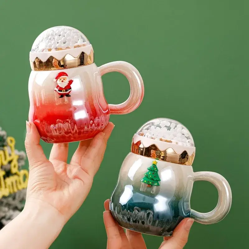 500ml Christmas Mug with Lid Santa Claus Christmas Trees Pattern Ceramic Coffee Cup Home Office Decor New Year Xmas Gift Box