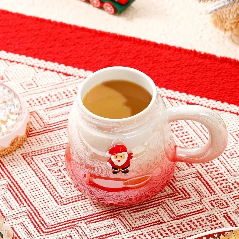 500ml Christmas Mug with Lid Santa Claus Christmas Trees Pattern Ceramic Coffee Cup Home Office Decor New Year Xmas Gift Box