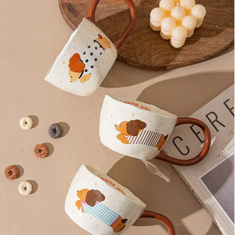 300ML Ceramic Mug Big Ear Cup Cute Puppy Pattern Coffee Juice Tea Breakfast Milk Oats Mug Yogurt Office Student Drinkware Gift