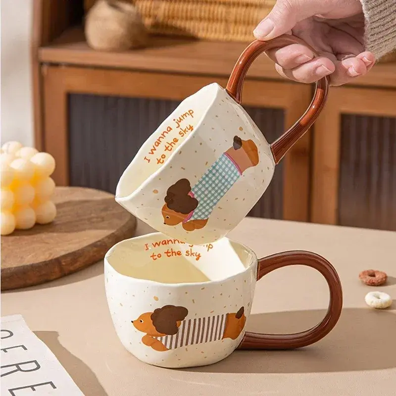 300ML Ceramic Mug Big Ear Cup Cute Puppy Pattern Coffee Juice Tea Breakfast Milk Oats Mug Yogurt Office Student Drinkware Gift
