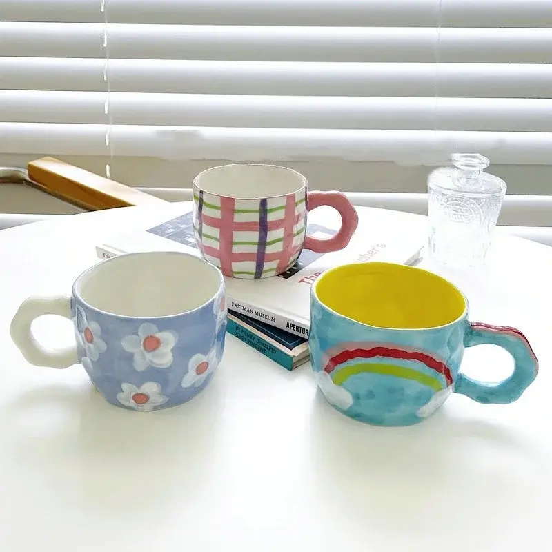 Hand Pinched Coffee Mug Irregular Flower Ceramic Cup Breakfast Milk Afternoon Tea Cups Underglaze Colour Mugs Decoration Gifts